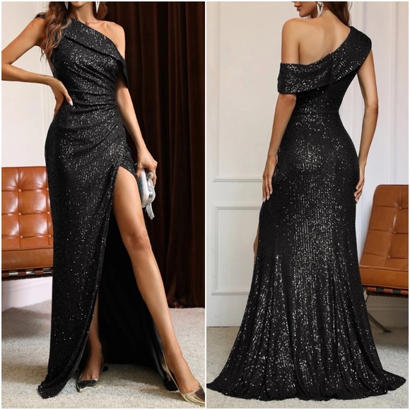 Luxe Sequin Split Thigh One Shoulder Party Wedding Formal Dress - Picture 6 of 10